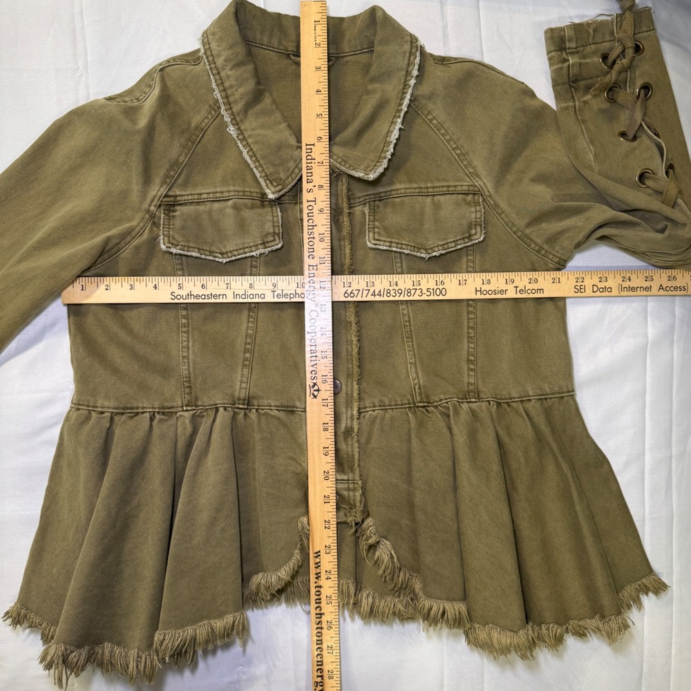 Free People Olive Green Peplum Military Denim Jacket Lace Up Sleeve Frayed Hem - Picture 5 of 10